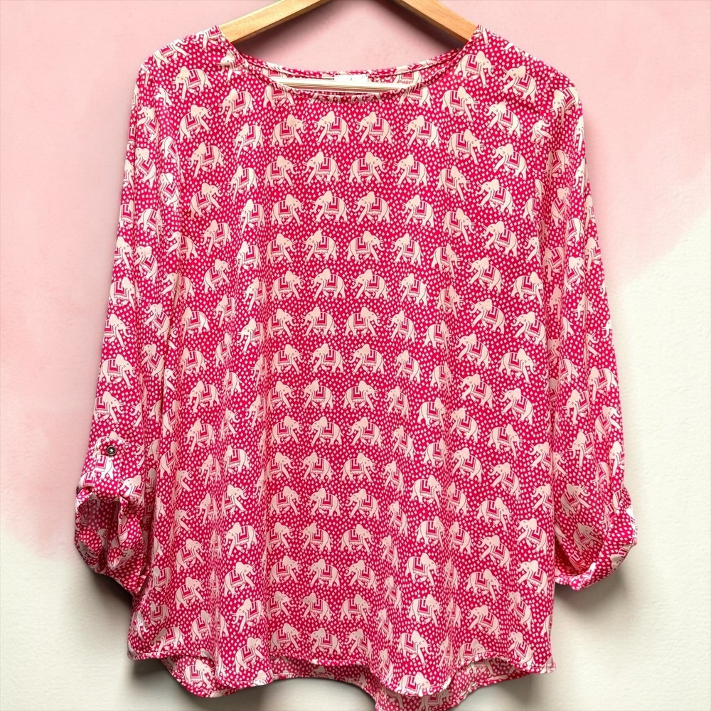 Pixley Pink Elephant Print Roll Tab Sleeve Blouse XL Scoop Neck Top